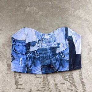 Like An Angel Denim Print Bustier Corset Crop Top Women's Large Blue Y2K Style